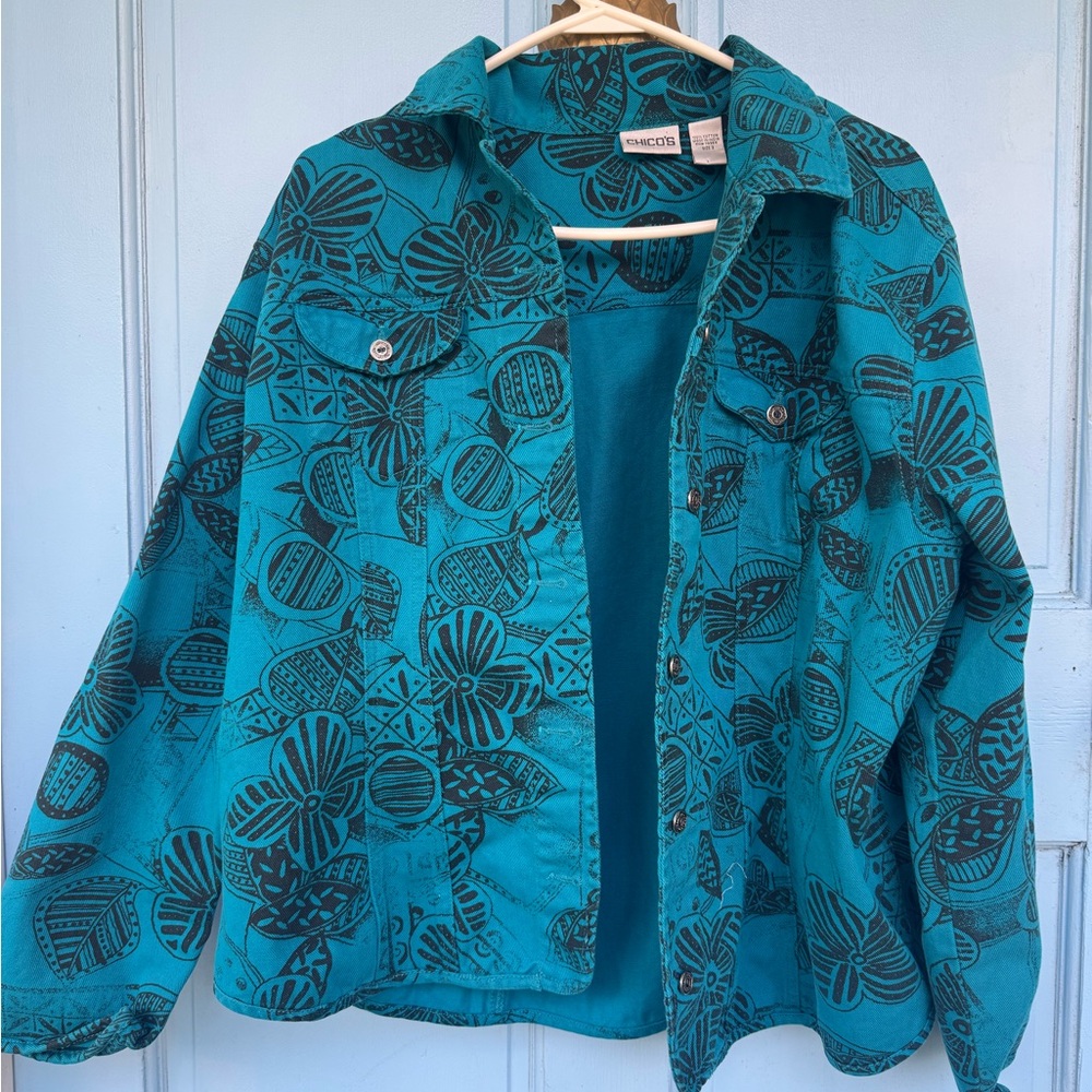Chico's Jean Jacket Teal and Black Floral Patterned Summer size 3